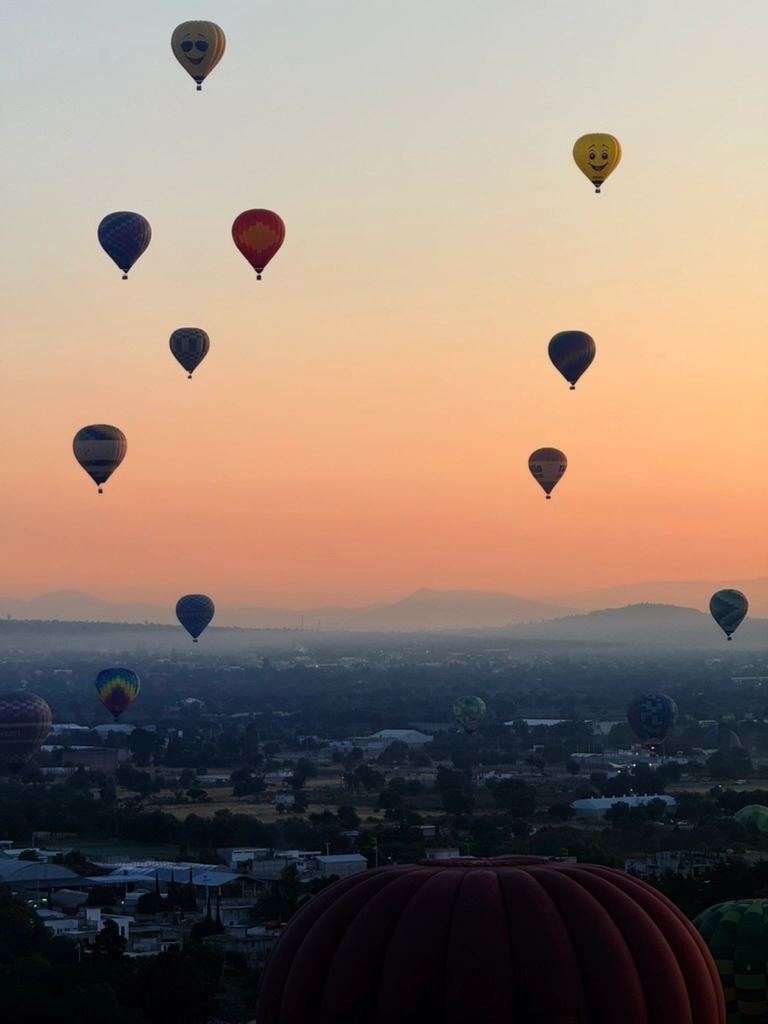 Multitude de montgolfières s'élevant au soleil levant