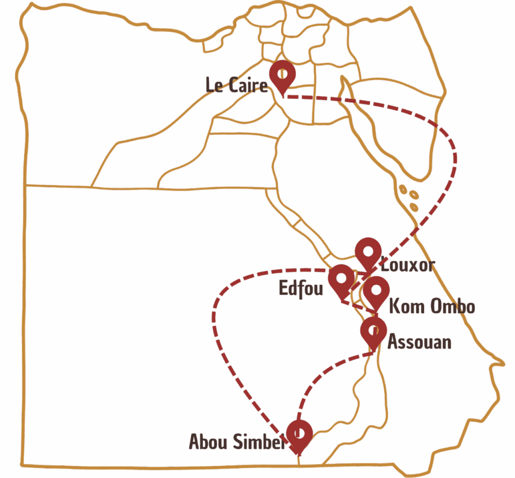 Carte itinéraire Egypte sur une carte illustrée avec 6 villes