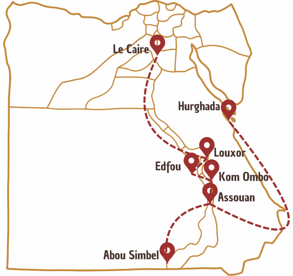 Itinéraire 15 jours en Egypte sur une carte illustrée
