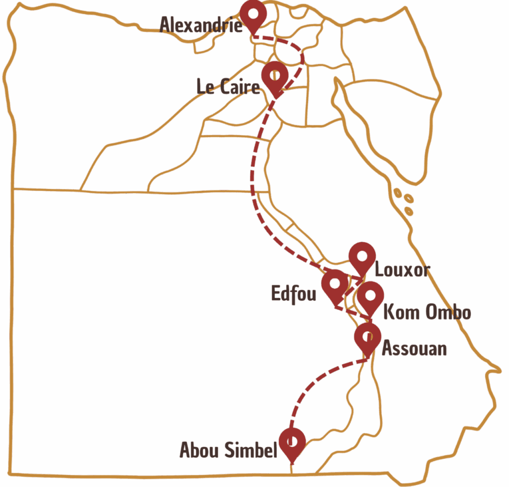 Itinéraire du nord au sud sur une carte illustrée de l'Egypte. 
