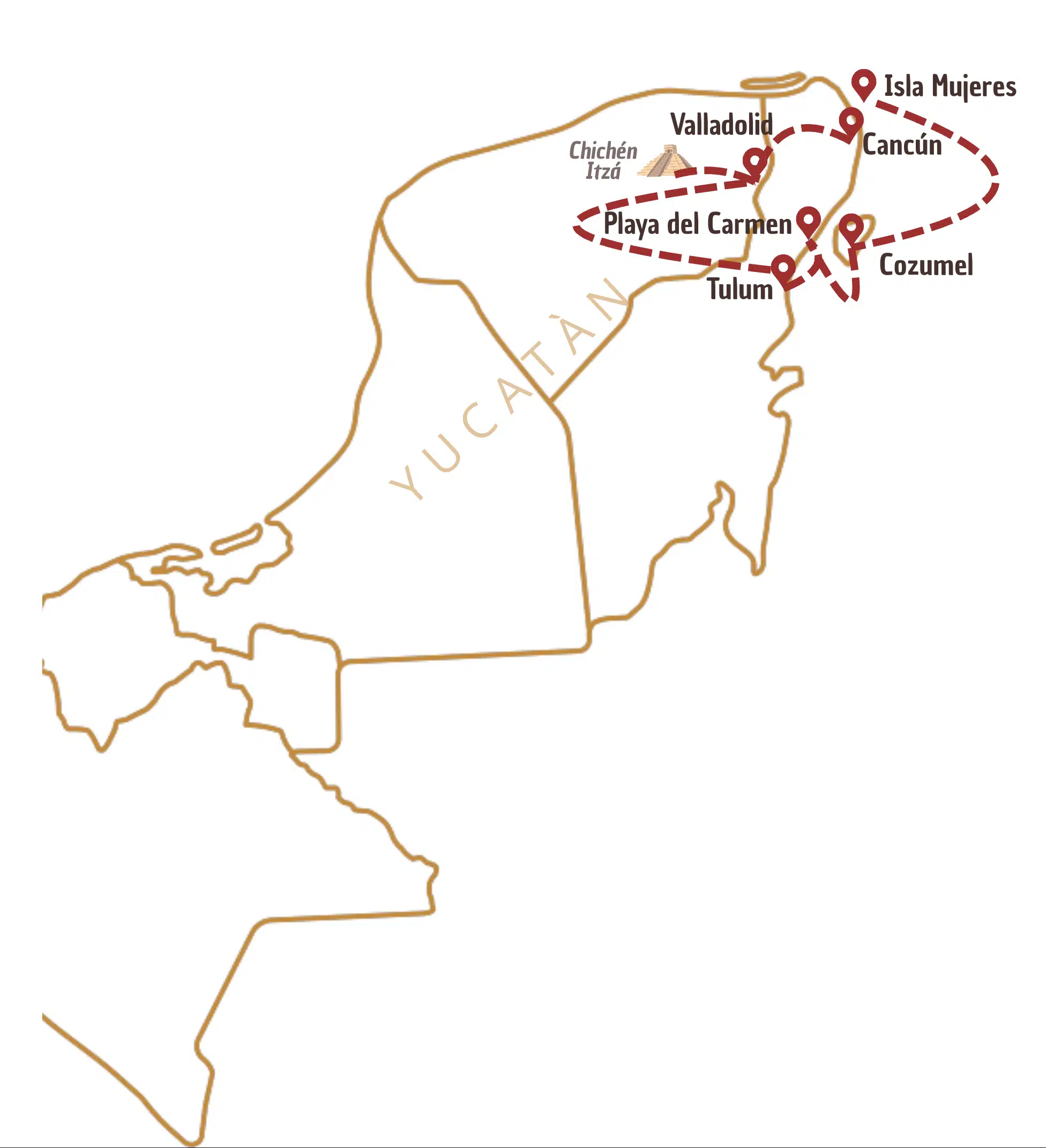 Itinéraire sur carte au Mexique dans le Yucatàn