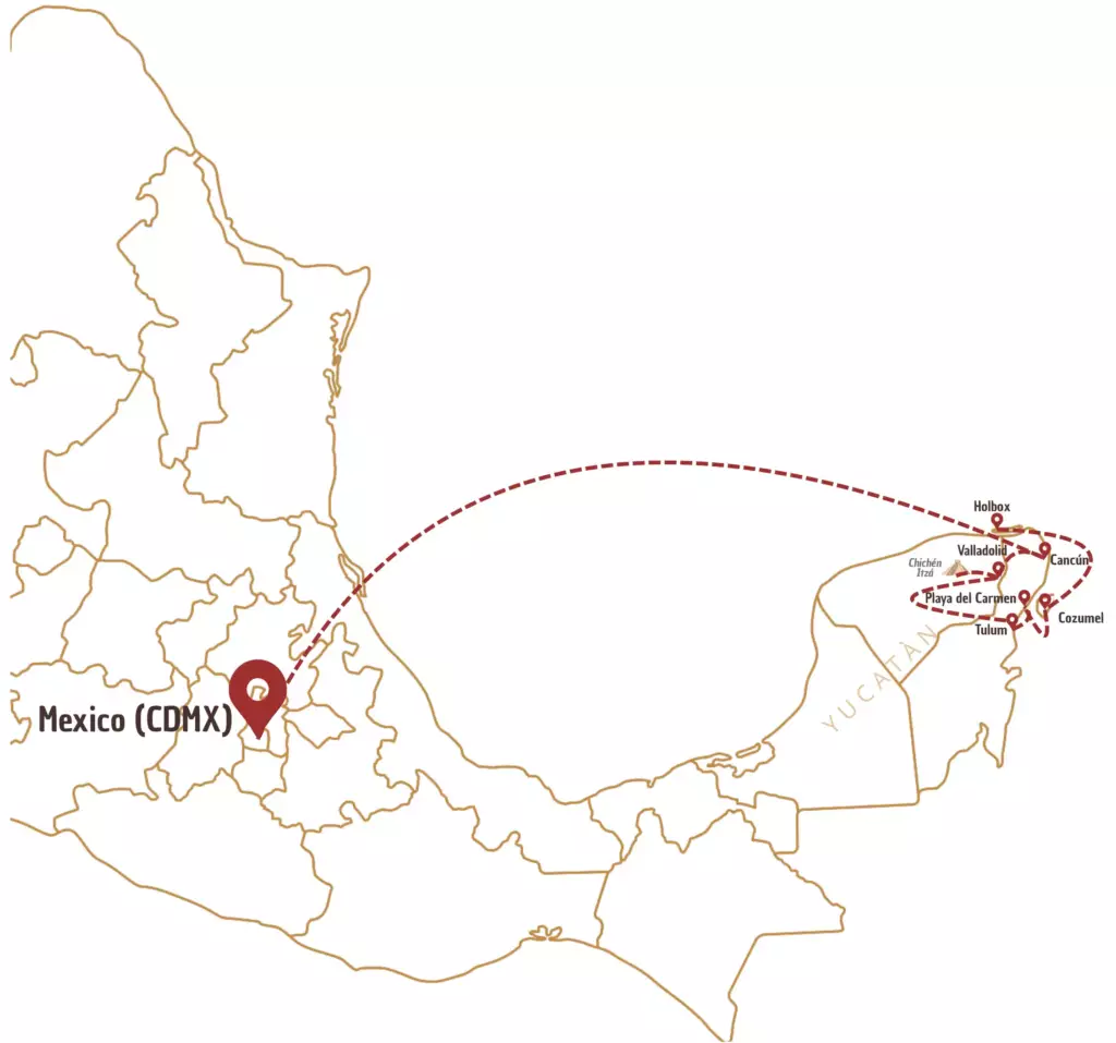 Itinéraire sur la carte du Mexique