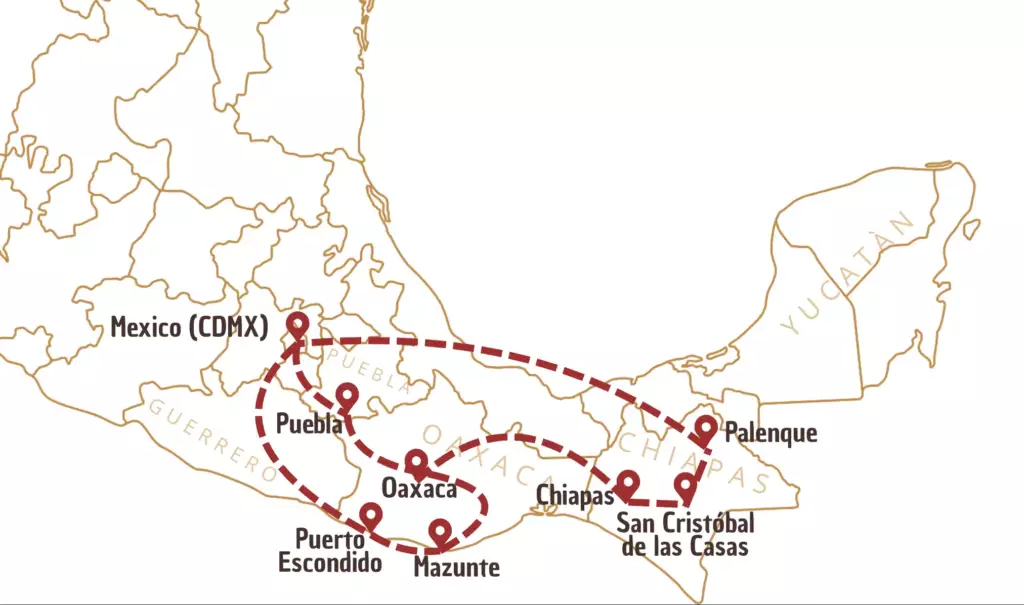 Itinéraire sur carte du Mexique