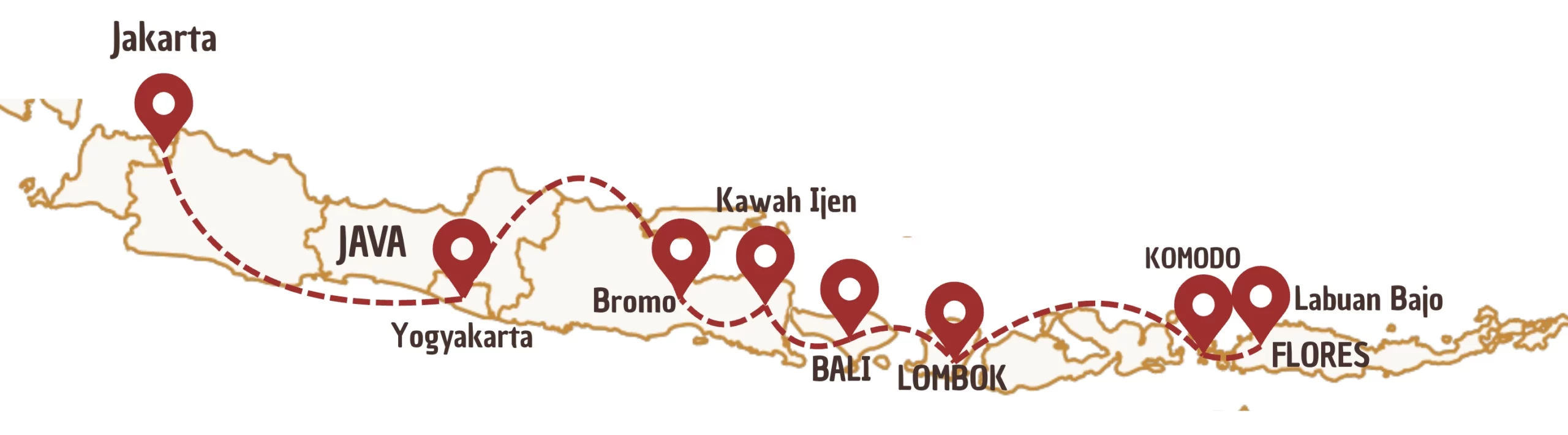 Carte d'Indonésie avec des marqueurs pour indiquer un itinéraire de 4 semaines - Option A
