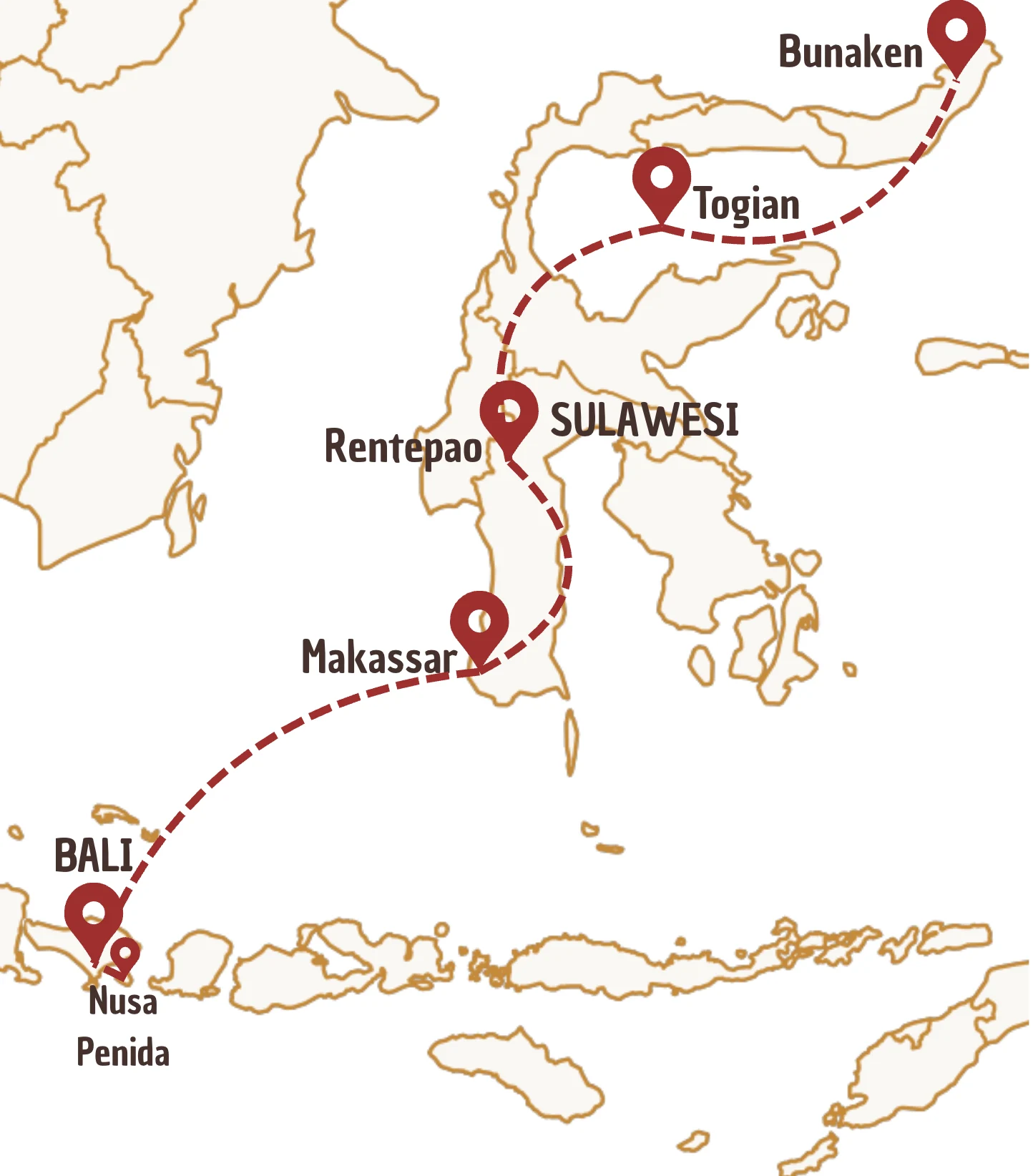Carte d'Indonésie avec des marqueurs pour indiquer un itinéraire de 4 semaines - Option B