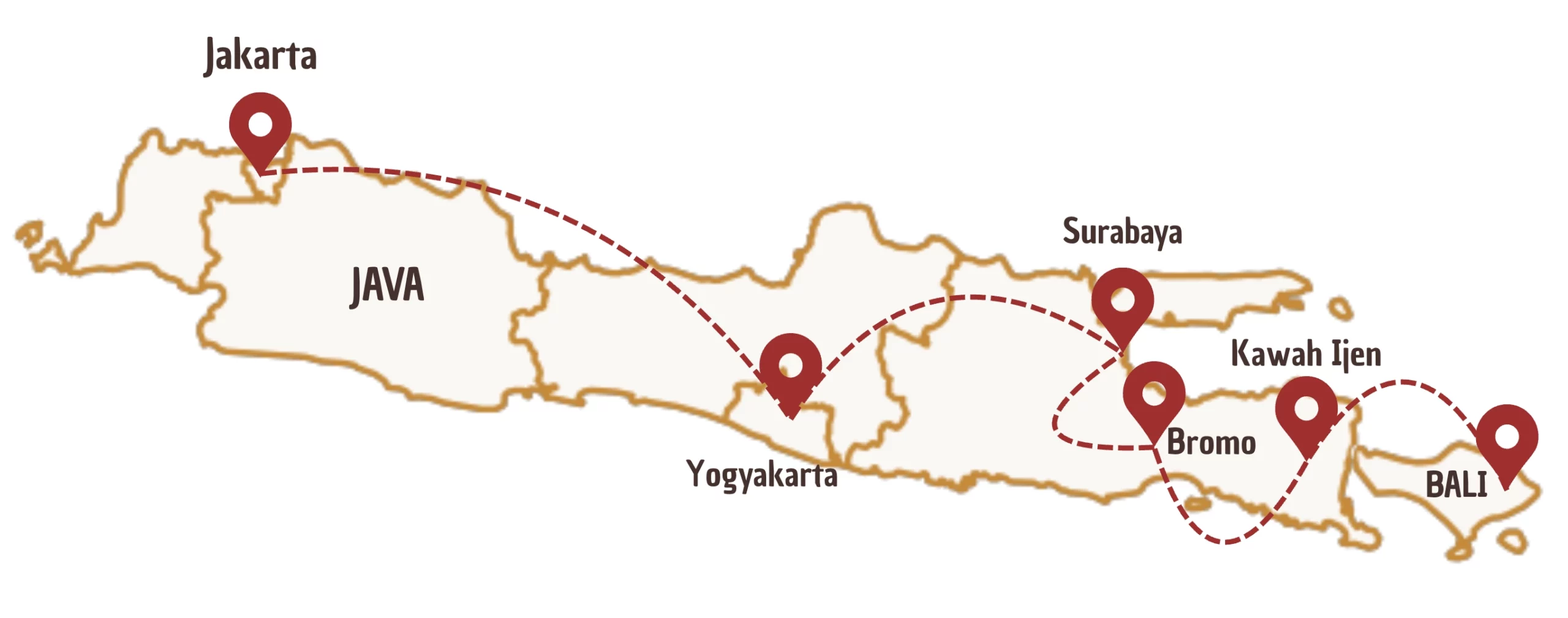 Carte d'Indonésie avec des marqueurs pour indiquer un itinéraire de 2 semaines - Option A