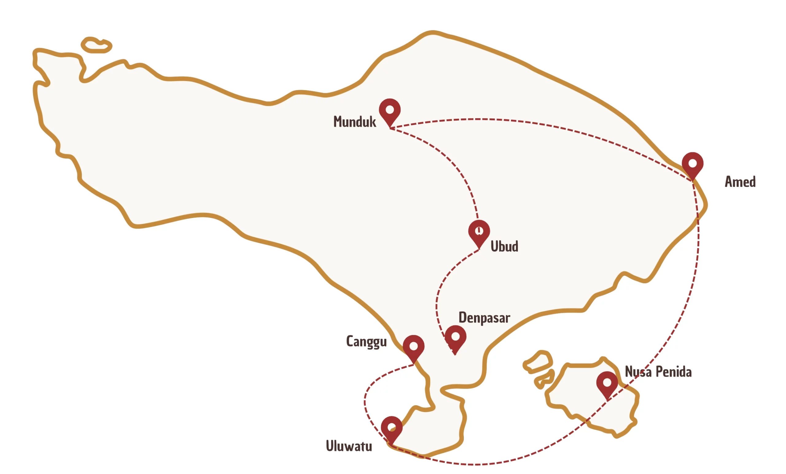 Carte d'Indonésie avec des marqueurs pour indiquer un itinéraire de 2 semaines - Option B