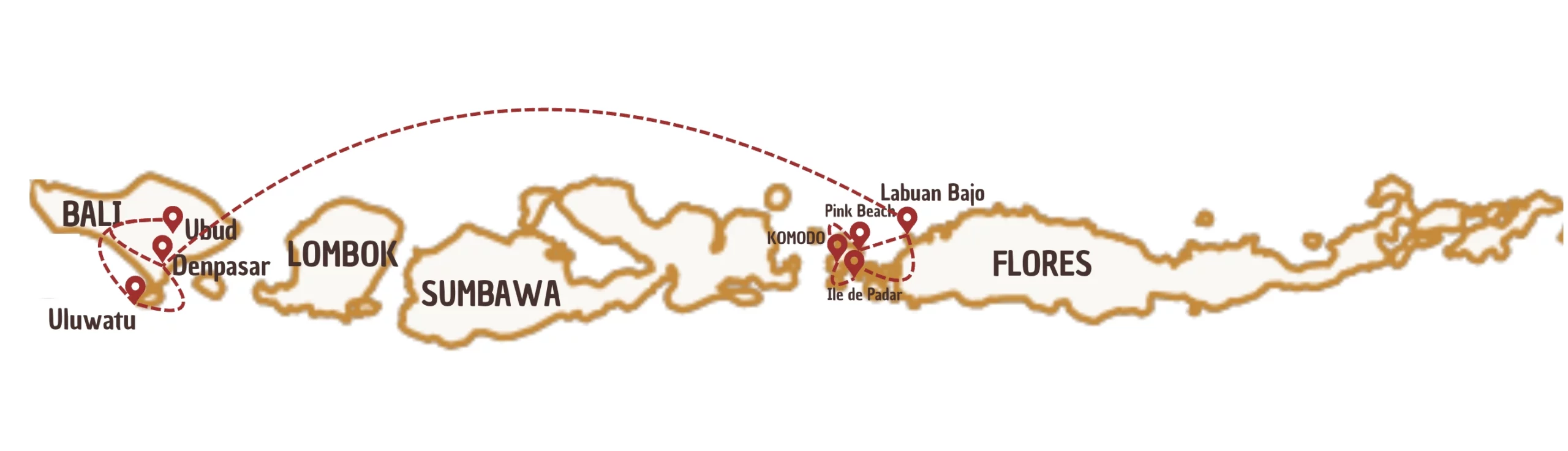 Carte d'Indonésie avec des marqueurs pour indiquer un itinéraire de 2 semaines - Option C
