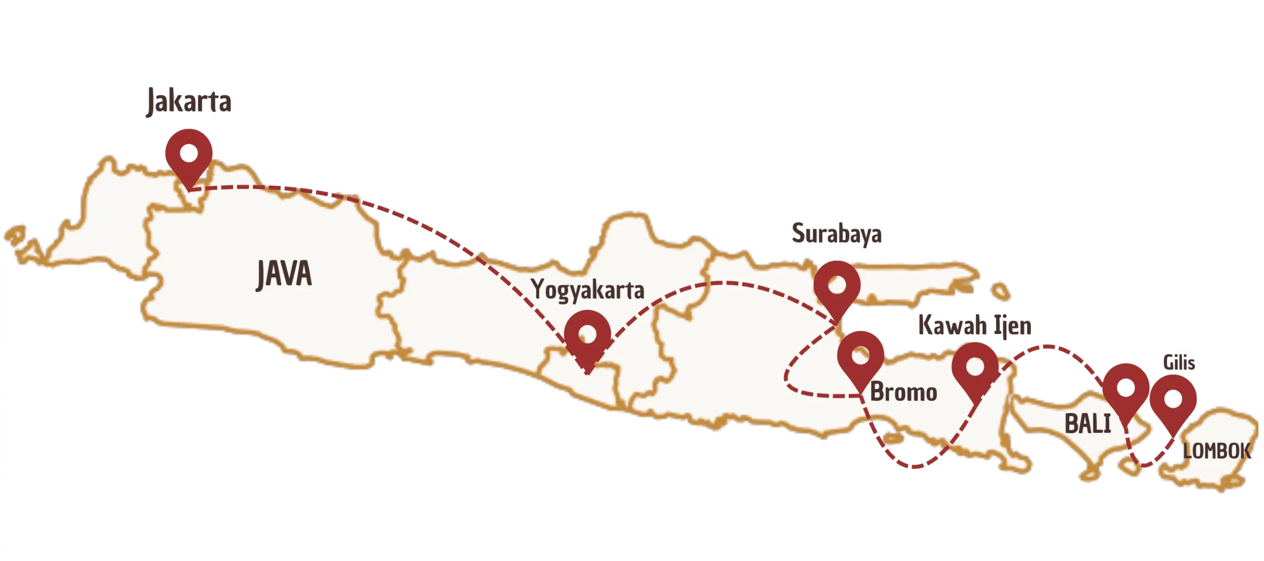 Carte d'Indonésie avec des marqueurs pour indiquer un itinéraire de 3 semaines - Option A