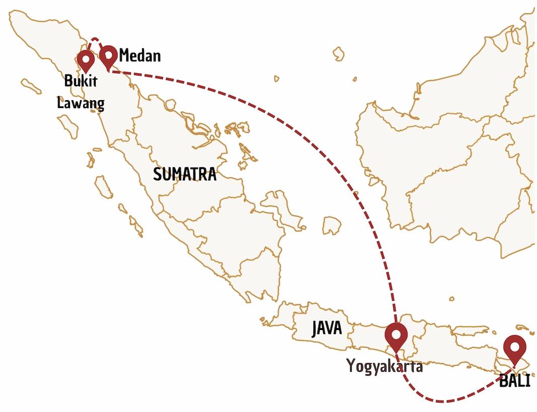 Carte d'Indonésie avec des marqueurs pour indiquer un itinéraire de 3 semaines - Option B