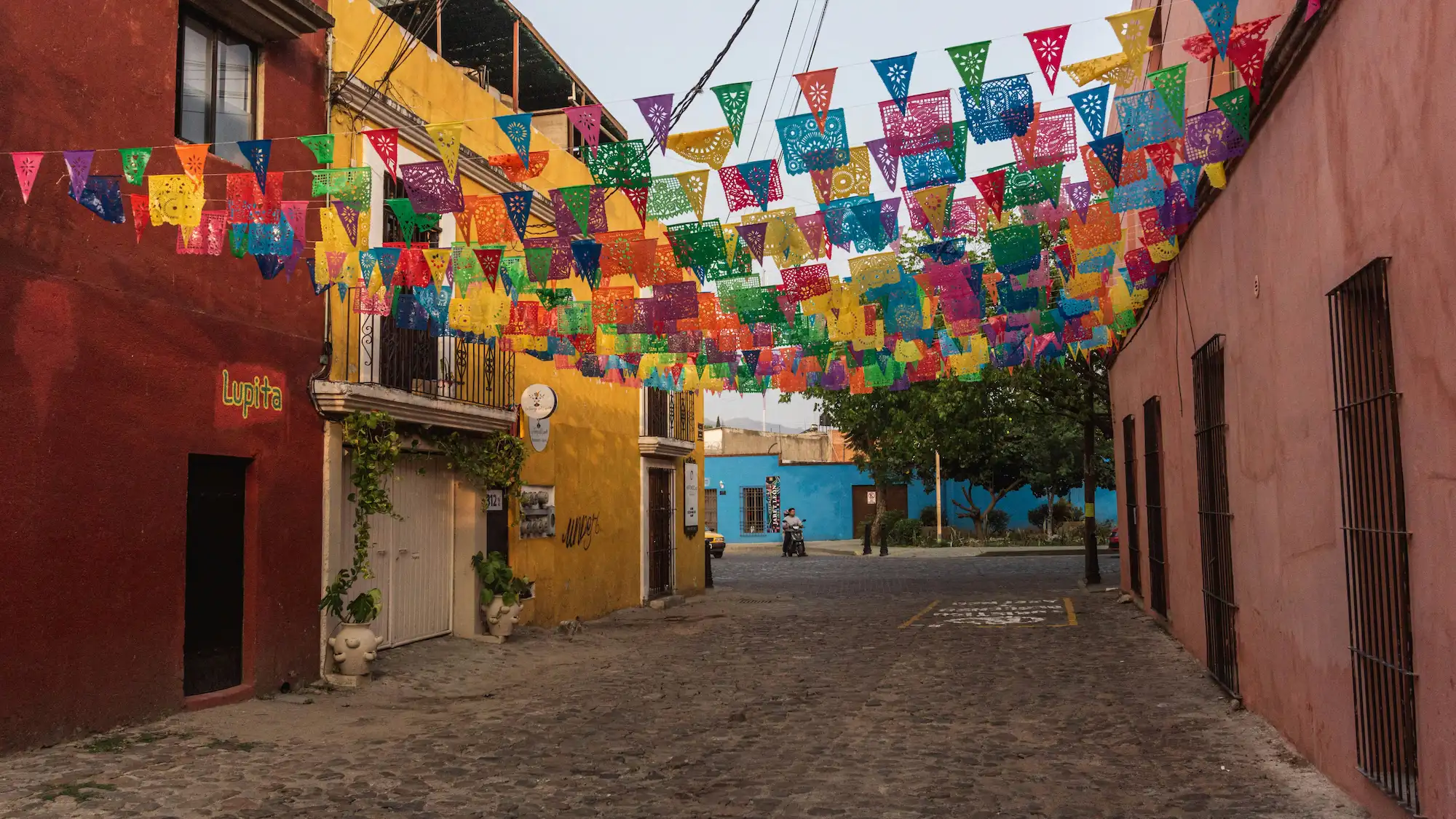 Dia de los muertos à Oaxaca, rue pavée et drapeaux colorés accrochés dans les rues
