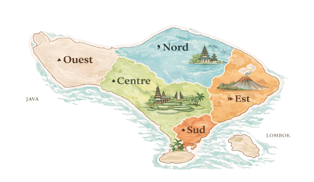 Illustration de la carte de Bali divisée par région : Nord, Sud, Est, Ouest, Centre en couleur