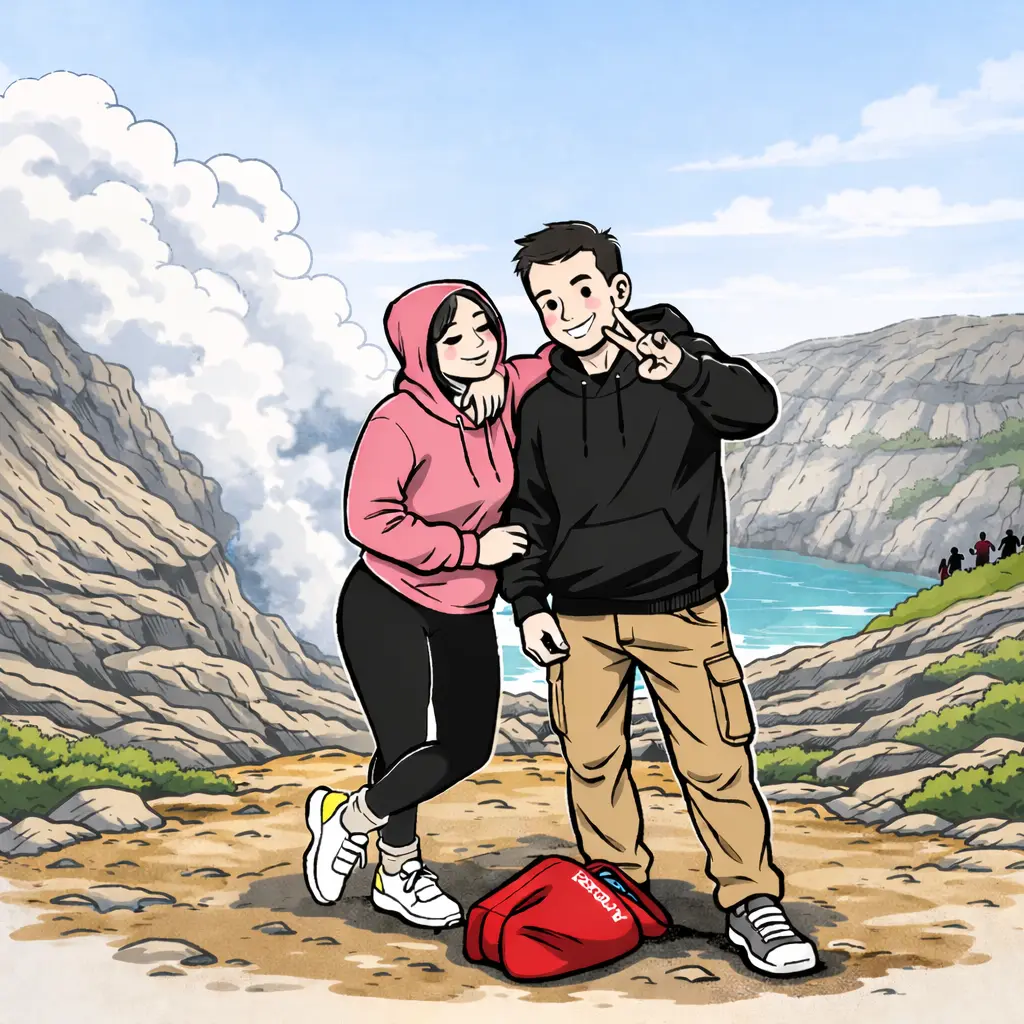 Illustration d'un couple devant le lac acide du cratère du volcan Kawah Ijean