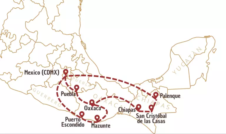 Itinéraire sur carte du Mexique