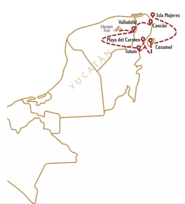 Itinéraire sur carte au Mexique dans le Yucatàn