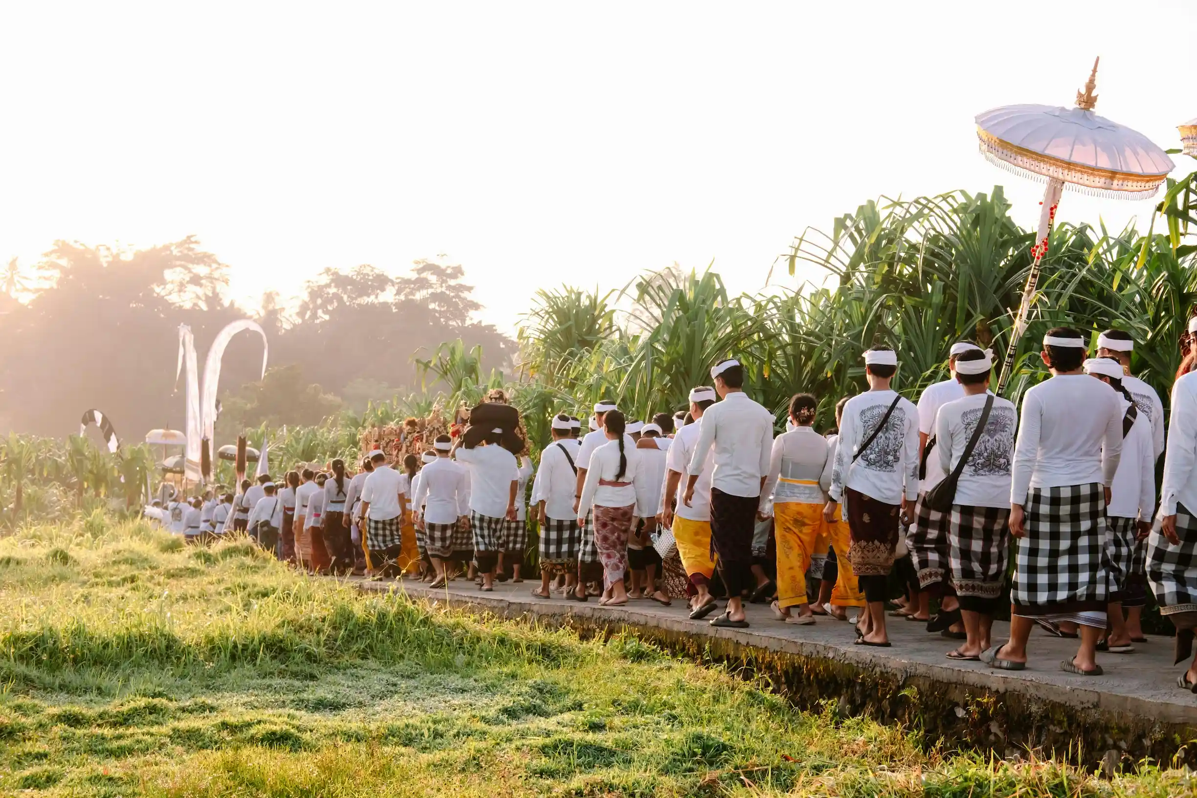 Procession de gens au milieu des rizières en Indonésie, portant tous des Sarongs, le vêtement traditionnel