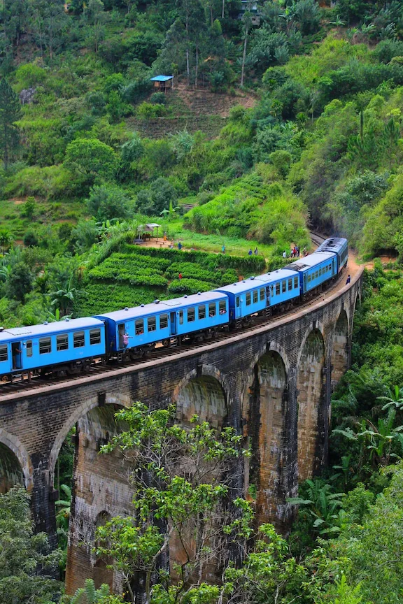 Train en mouvement sur un pont en arche au sri lanka