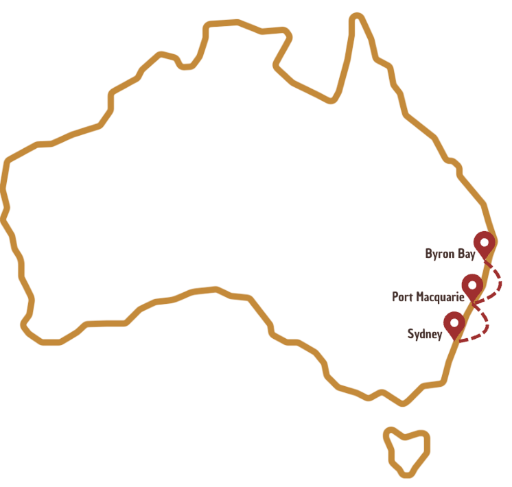 Trajet entre Sydney et Byron Bay sur la carte de l'Australie