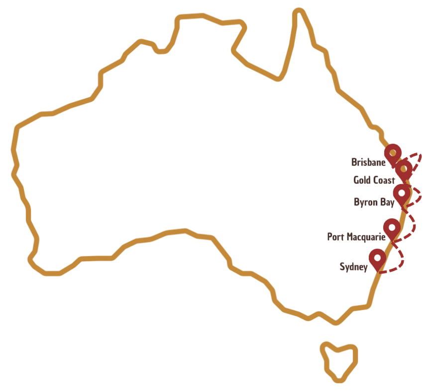 Trajet entre Sydney et Brisbane sur la carte de l'Australie