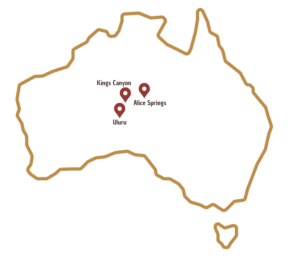 Carte avec pin point pour Uluru, Alice Springs et Kings Canyon