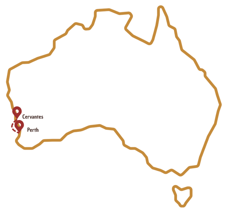 Trajet sur la carte Australienne de Perth à Cervantes
