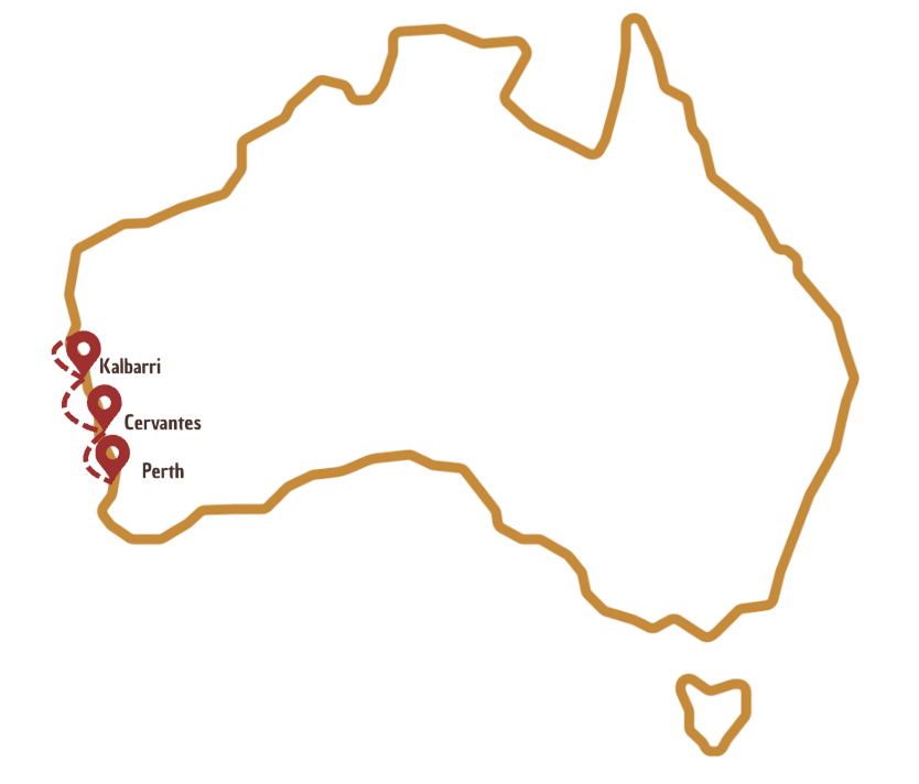 Trajet sur la carte Australienne de Cervantes à Kalbarri
