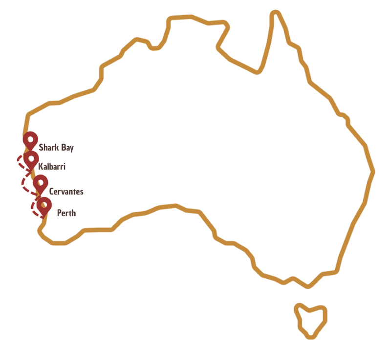Trajet sur la carte Australienne de Kalbarri à Shark Bay