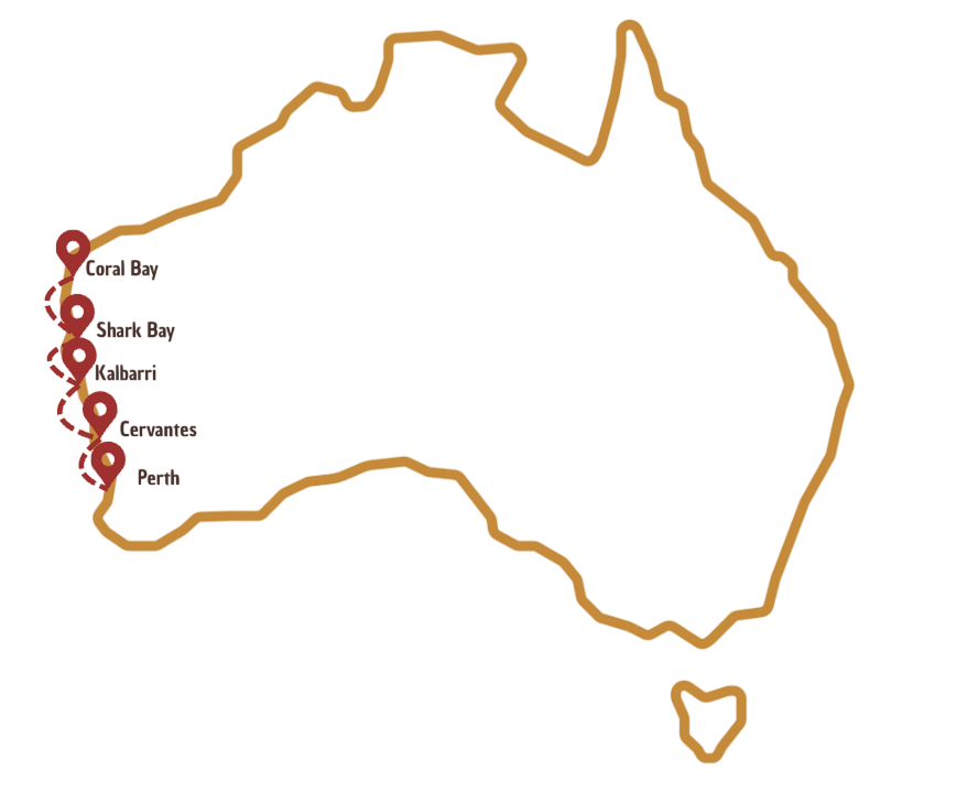 Trajet sur la carte Australienne de Shark Bay à Coral Bay