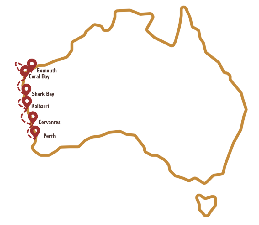 Trajet sur la carte Australienne de Coral Bay à Exmouth