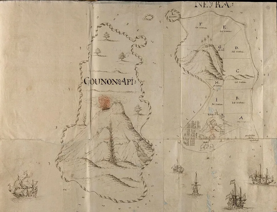 Gravure de 1635 représentant Banda Neira et le Gunung Api à l'époque de la VOC